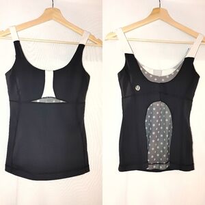 Lululemon Built‎ in Bra Tank Black White Sheer Panel Logo Detail Size 4